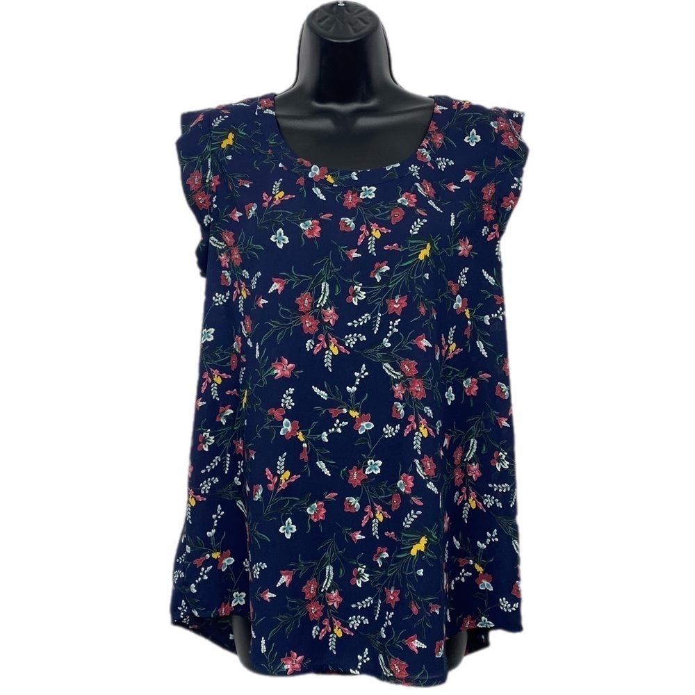 Pleione Cap Sleeve Floral Print Top Size Small Navy High Low Hem Contemporary